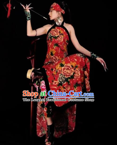Chinese National Printing Peony Red Cheongsam Costume Traditional Tang Suit Qipao Dress for Women