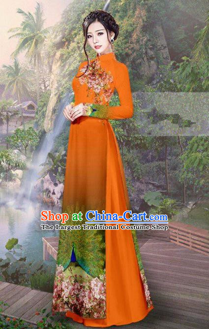 Vietnam Traditional Court Costume Printing Peacock Orange Ao Dai Dress Asian Vietnamese Cheongsam for Women