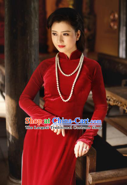 Vietnam Traditional Court Costume Red Velvet Ao Dai Dress Asian Vietnamese Cheongsam for Women