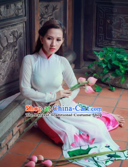 Vietnam Traditional National Costume Printing Lotus White Ao Dai Dress  Asian Vietnamese Cheongsam for Women