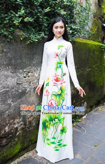 Vietnam Traditional National Costume Court Printing Lotus Ao Dai Dress Asian Vietnamese Cheongsam for Women