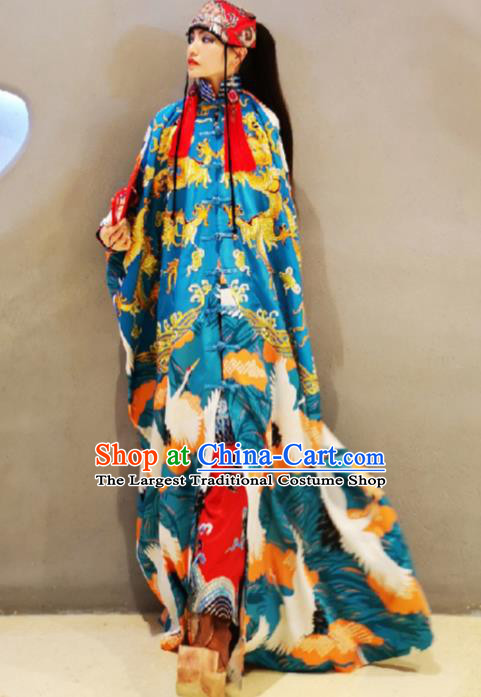 Chinese Traditional National Costume Embroidered Dragon Blue Robe Tang Suit Qipao Dress for Women