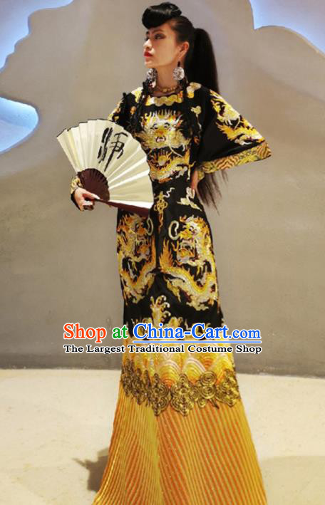 Chinese Traditional National Costume Embroidered Dragons Black Cheongsam Tang Suit Qipao Dress for Women