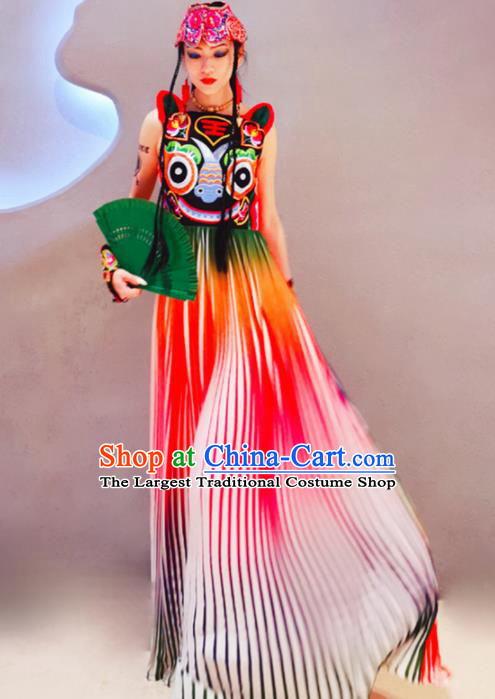 Chinese Traditional National Costume Embroidered Tiger Cheongsam Tang Suit Qipao Dress for Women
