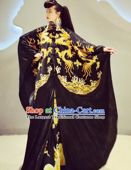 Chinese Traditional Catwalks Costume National Embroidered Black Robe Cheongsam Tang Suit Qipao Dress for Women