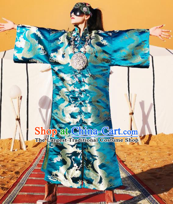 Chinese Traditional Catwalks Costume National Blue Brocade Dragon Robe Cheongsam Tang Suit Qipao Dress for Women