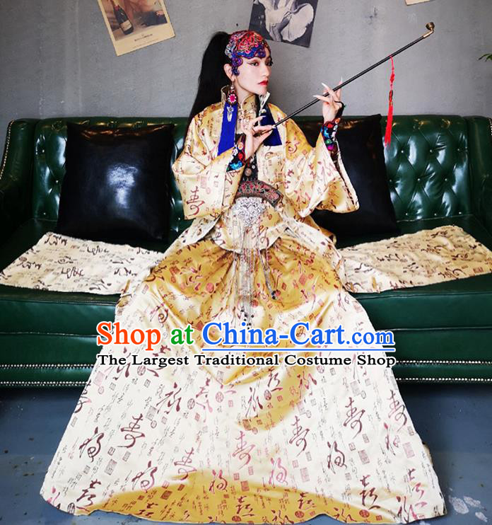 Chinese Traditional Catwalks Costume National Golden Brocade Cheongsam Tang Suit Qipao Dress for Women