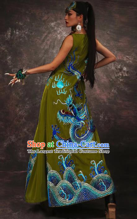 Chinese Traditional Catwalks Costume National Olive Green Brocade Cheongsam Tang Suit Qipao Dress for Women