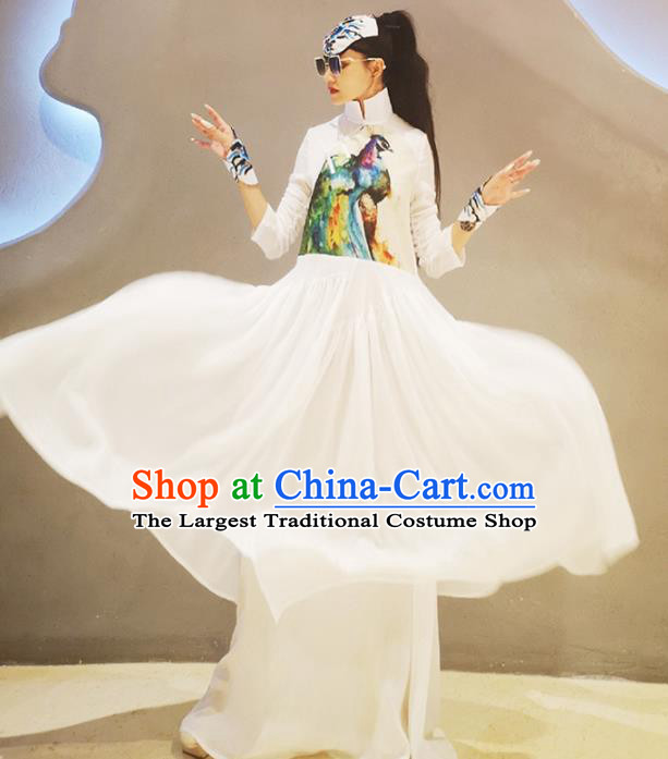 Chinese Traditional Catwalks Costume National Printing White Cheongsam Tang Suit Qipao Dress for Women