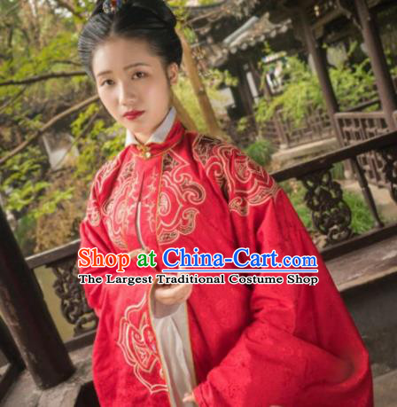 Chinese Traditional Ming Dynasty Wedding Historical Costume Ancient Royal Dowager Embroidered Red Dress for Women