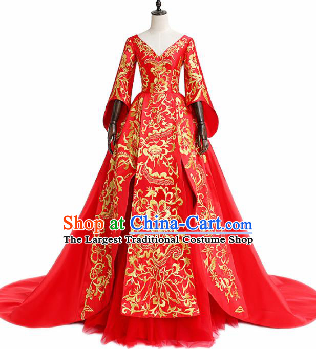 Chinese National Catwalks Embroidered Costume Red Cheongsam Traditional Tang Suit Qipao Dress for Women