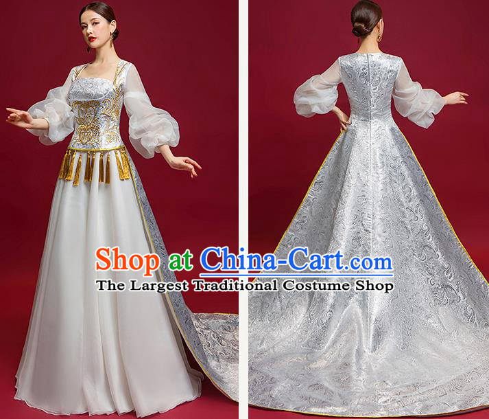 Chinese National Catwalks Grey Trailing Full Dress Traditional Compere Cheongsam for Women