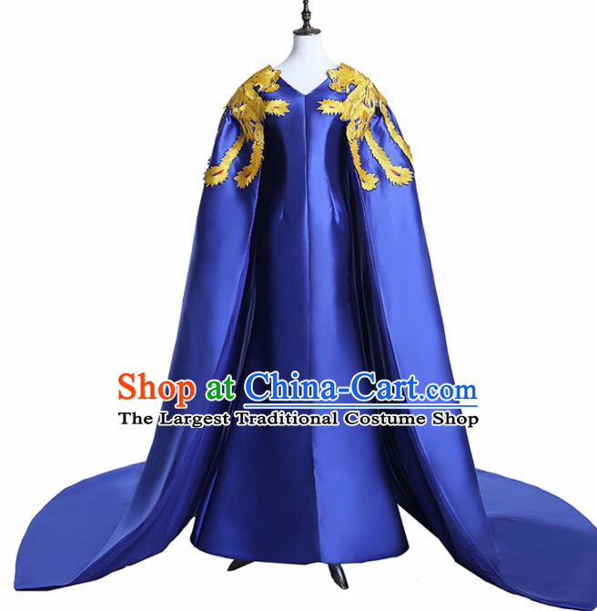 Chinese National Catwalks Costume Embroidered Phoenix Royalblue Trailing Cheongsam Traditional Tang Suit Qipao Dress for Women