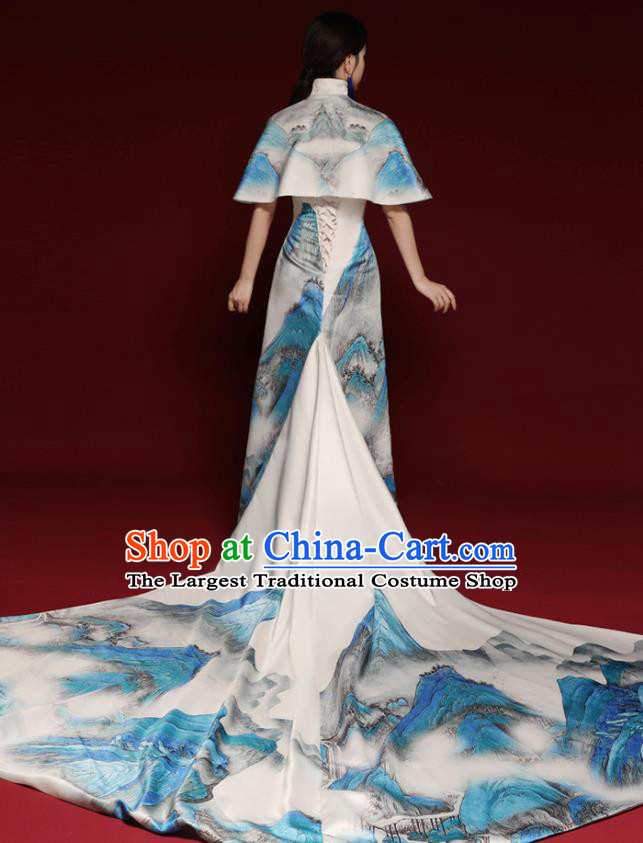 Chinese National Catwalks Landscape Painting White Cheongsam Traditional Costume Tang Suit Qipao Dress for Women