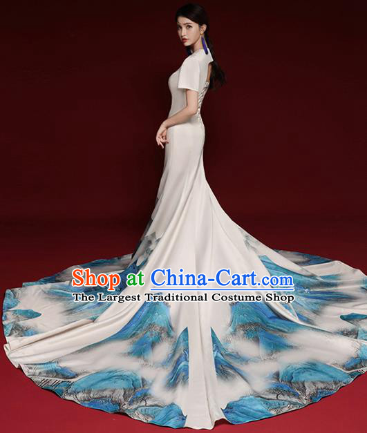 Chinese National Catwalks Printing Landscape Trailing Cheongsam Traditional Costume Tang Suit Qipao Dress for Women