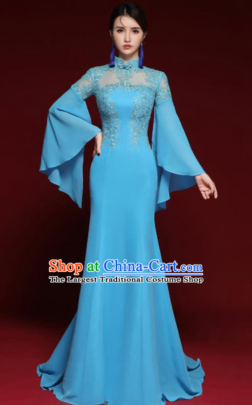 Chinese National Catwalks Embroidered Blue Lace Cheongsam Traditional Costume Tang Suit Qipao Dress for Women