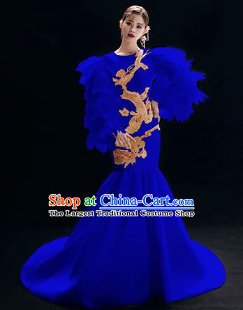 Chinese National Catwalks Embroidered Dragon Royalblue Trailing Cheongsam Traditional Costume Tang Suit Qipao Dress for Women