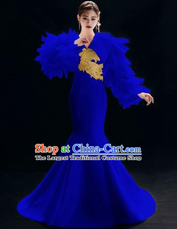 Top Grade Catwalks Embroidered Royalblue Trailing Full Dress Modern Dance Party Compere Costume for Women