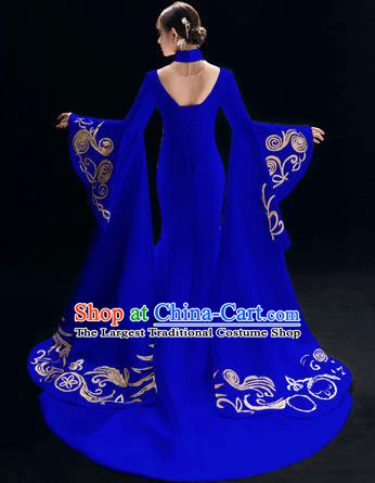 Chinese National Catwalks Cheongsam Traditional Costume Tang Suit Embroidered Royalblue Qipao Dress for Women