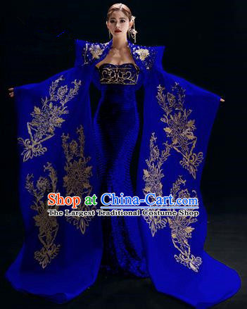 Chinese National Catwalks Embroidered Cheongsam Traditional Costume Tang Suit Royalblue Qipao Dress for Women