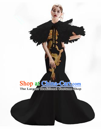 Chinese National Catwalks Embroidered Black Cheongsam Traditional Costume Tang Suit Qipao Dress for Women
