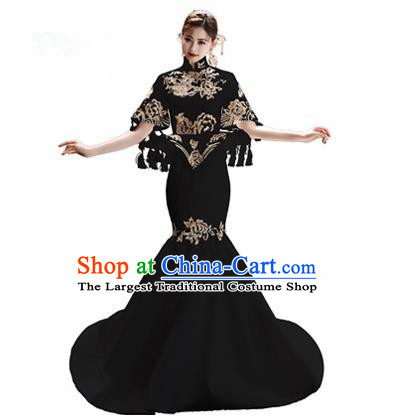 Chinese National Catwalks Embroidered Black Trailing Cheongsam Traditional Costume Tang Suit Qipao Dress for Women
