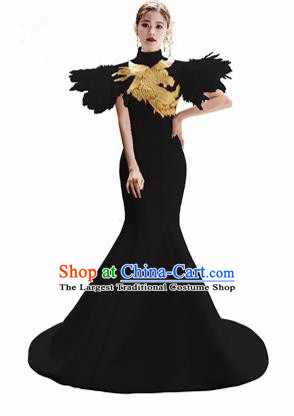 Chinese National Catwalks Embroidered Phoenix Black Trailing Cheongsam Traditional Costume Tang Suit Qipao Dress for Women