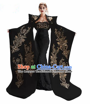 Chinese National Catwalks Embroidered Black Cheongsam Traditional Costume Tang Suit Trailing Qipao Dress for Women