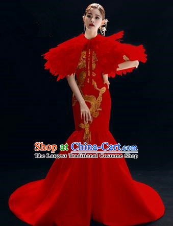 Chinese National Catwalks Embroidered Red Cheongsam Traditional Costume Tang Suit Trailing Qipao Dress for Women