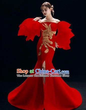 Top Grade Catwalks Red Trailing Full Dress Modern Dance Party Compere Embroidered Phoenix Costume for Women