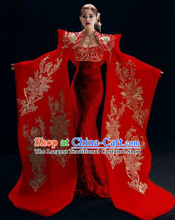 Chinese National Catwalks Red Trailing Cheongsam Traditional Costume Tang Suit Embroidered Qipao Dress for Women