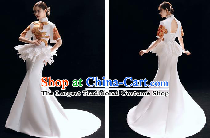 Chinese National Catwalks White Trailing Cheongsam Traditional Costume Tang Suit Embroidered Phoenix Qipao Dress for Women