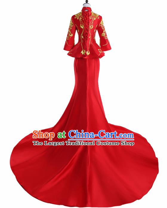 Chinese National Catwalks Costume Embroidered Red Trailing Cheongsam Traditional Tang Suit Qipao Dress for Women
