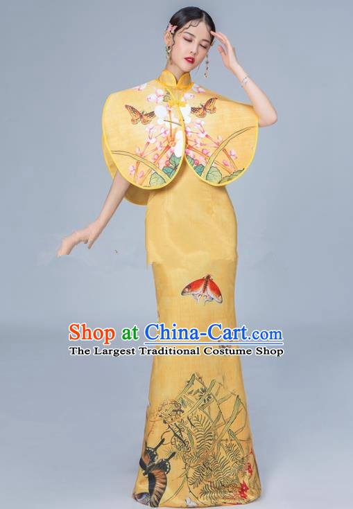 Chinese National Catwalks Printing Butterfly Golden Cheongsam Traditional Costume Tang Suit Qipao Dress for Women