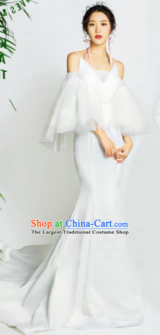 Top Grade Catwalks Compere White Trailing Full Dress Modern Dance Party Costume for Women