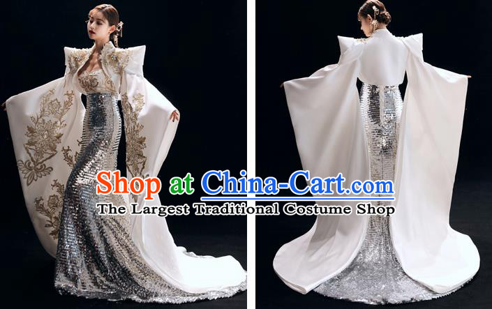 Chinese National Catwalks Embroidered White Mermaid Cheongsam Traditional Costume Tang Suit Qipao Dress for Women