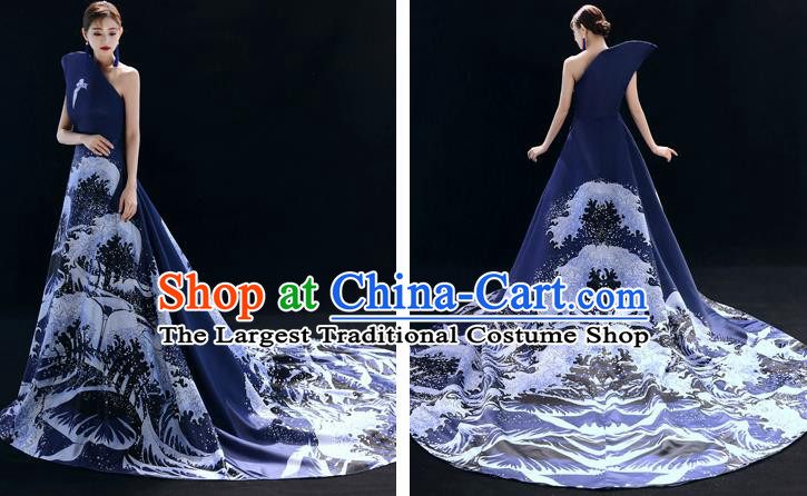 Top Grade Catwalks Compere Printing Trailing Navy Full Dress Modern Dance Party Costume for Women