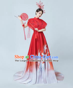 Chinese National Catwalks Printing Red Mullet Cheongsam Traditional Costume Tang Suit Silk Qipao Dress for Women