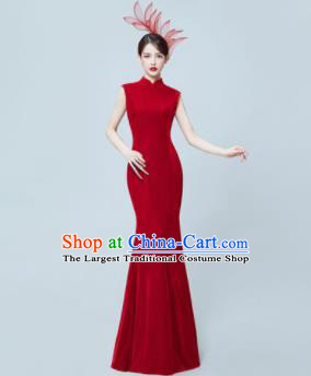 Chinese National Catwalks Wine Red Cheongsam Traditional Costume Tang Suit Silk Qipao Dress for Women
