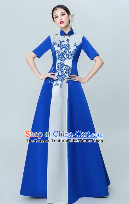 Chinese National Catwalks Blue Cheongsam Traditional Costume Tang Suit Silk Qipao Dress for Women