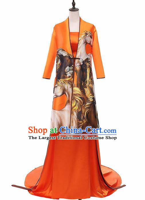 Chinese National Catwalks Printing Horse Silk Cheongsam Traditional Costume Tang Suit Qipao Dress for Women