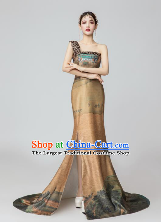 Chinese National Catwalks Printing Brown Silk Trailing Cheongsam Traditional Costume Tang Suit Qipao Dress for Women