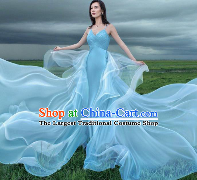 Top Grade Chorus Compere Costume Modern Dance Party Catwalks Bridesmaid Blue Veil Full Dress for Women