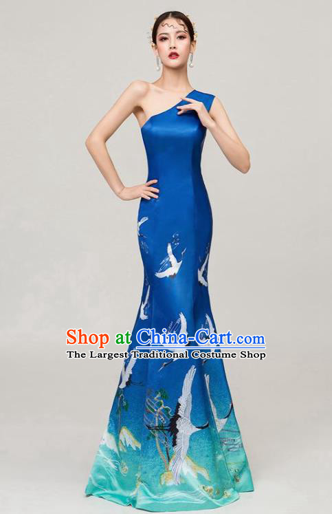 Chinese National Catwalks Printing Cranes Blue Fishtail Cheongsam Traditional Costume Tang Suit Qipao Dress for Women
