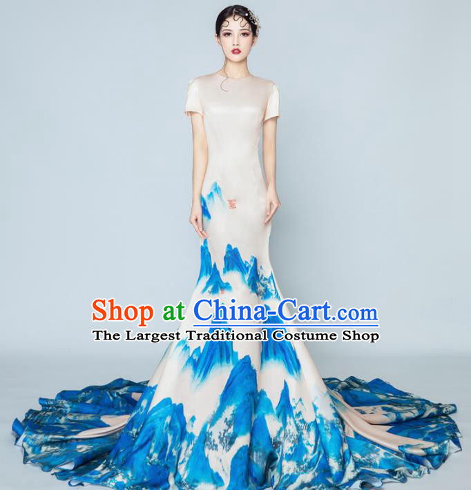 Top Grade Catwalks Costume Chorus Compere Modern Dance Party Printing Mountain Trailing Full Dress for Women