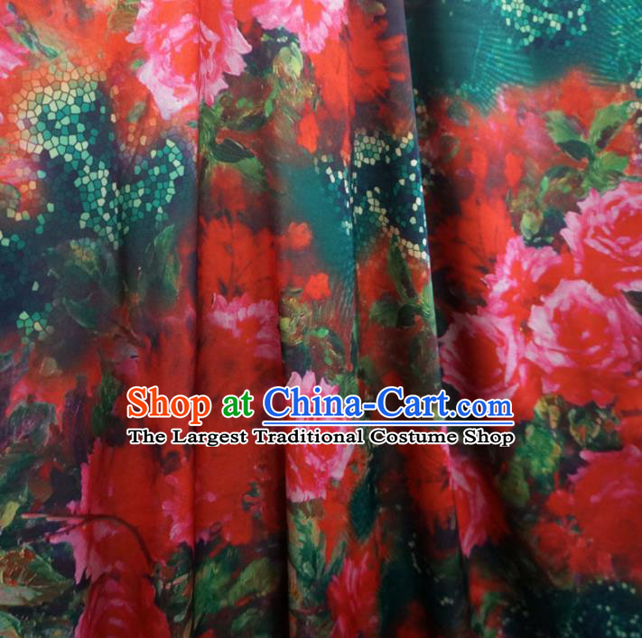 Asian Chinese Traditional Red Roses Pattern Design Watered Gauze Cheongsam Silk Fabric Chinese Fabric Material