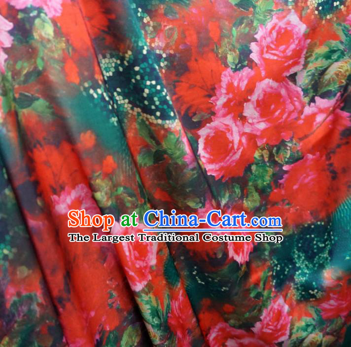 Asian Chinese Traditional Red Roses Pattern Design Watered Gauze Cheongsam Silk Fabric Chinese Fabric Material
