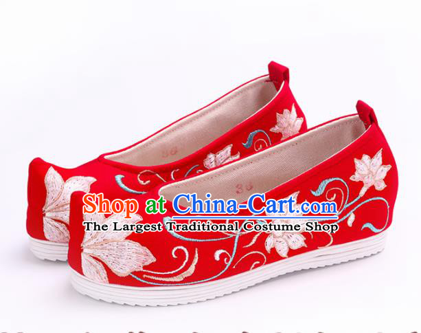 Chinese Traditional Hanfu Cloth Shoes Embroidered Lotus Red Shoes Handmade Ancient Princess Shoes for Women