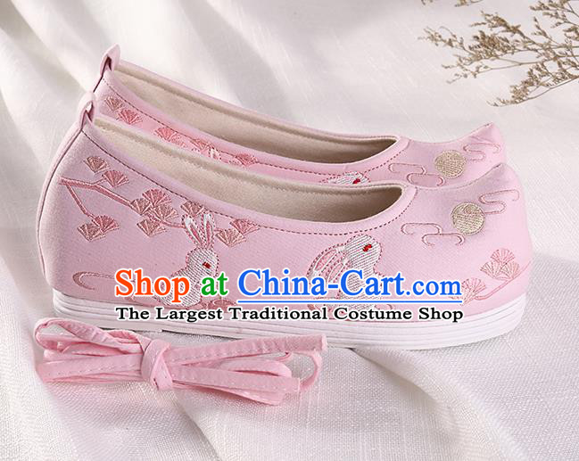 Chinese Traditional Hanfu Cloth Shoes Embroidered Rabbit Pink Shoes Handmade Ancient Princess Shoes for Women