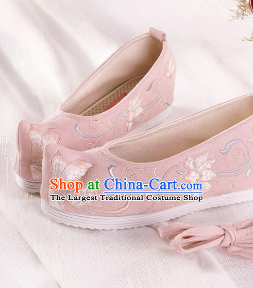 Chinese Traditional Hanfu Cloth Shoes Embroidered Lotus Pink Shoes Handmade Ancient Princess Shoes for Women